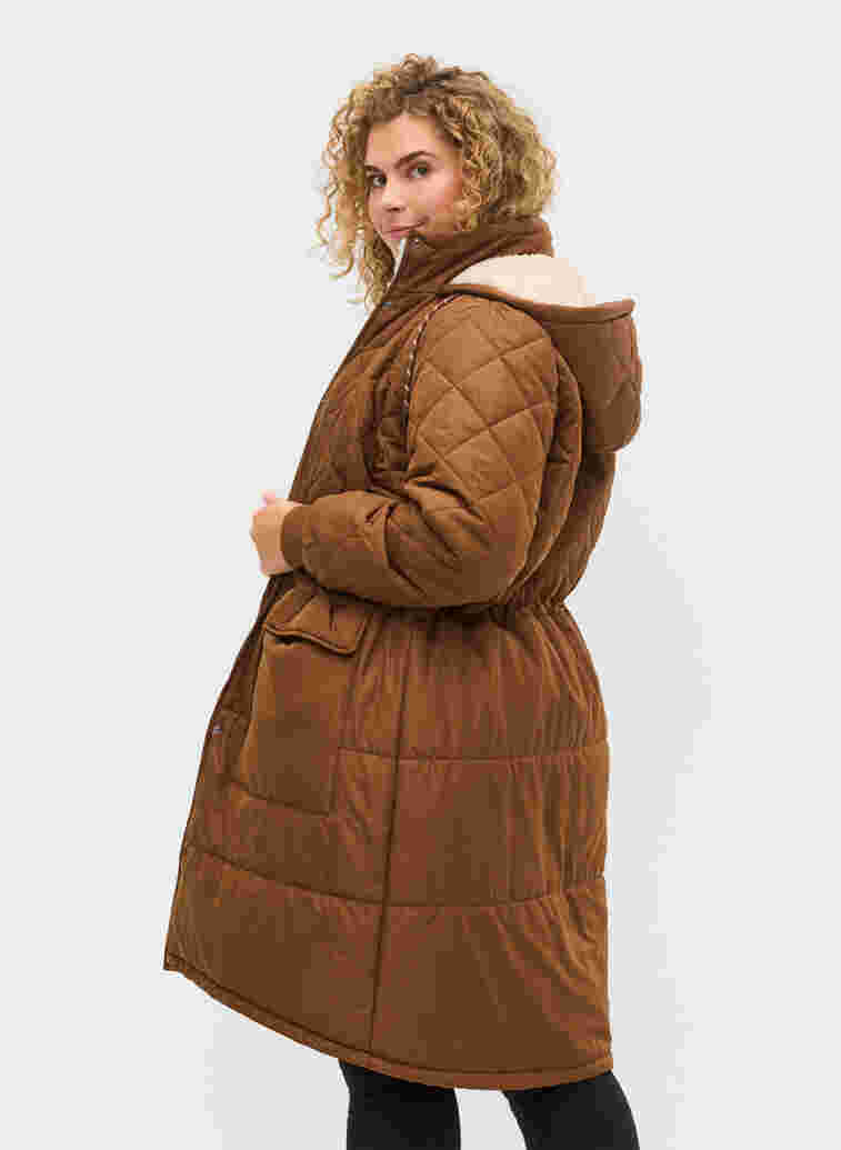Quiltet jakke med hætte og justerbar talje, Toffee, Model image number 1