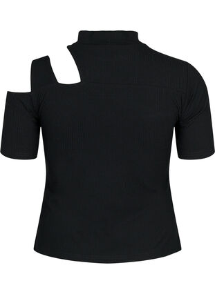 Kortærmet bluse med udskåret parti, Black, Packshot image number 1