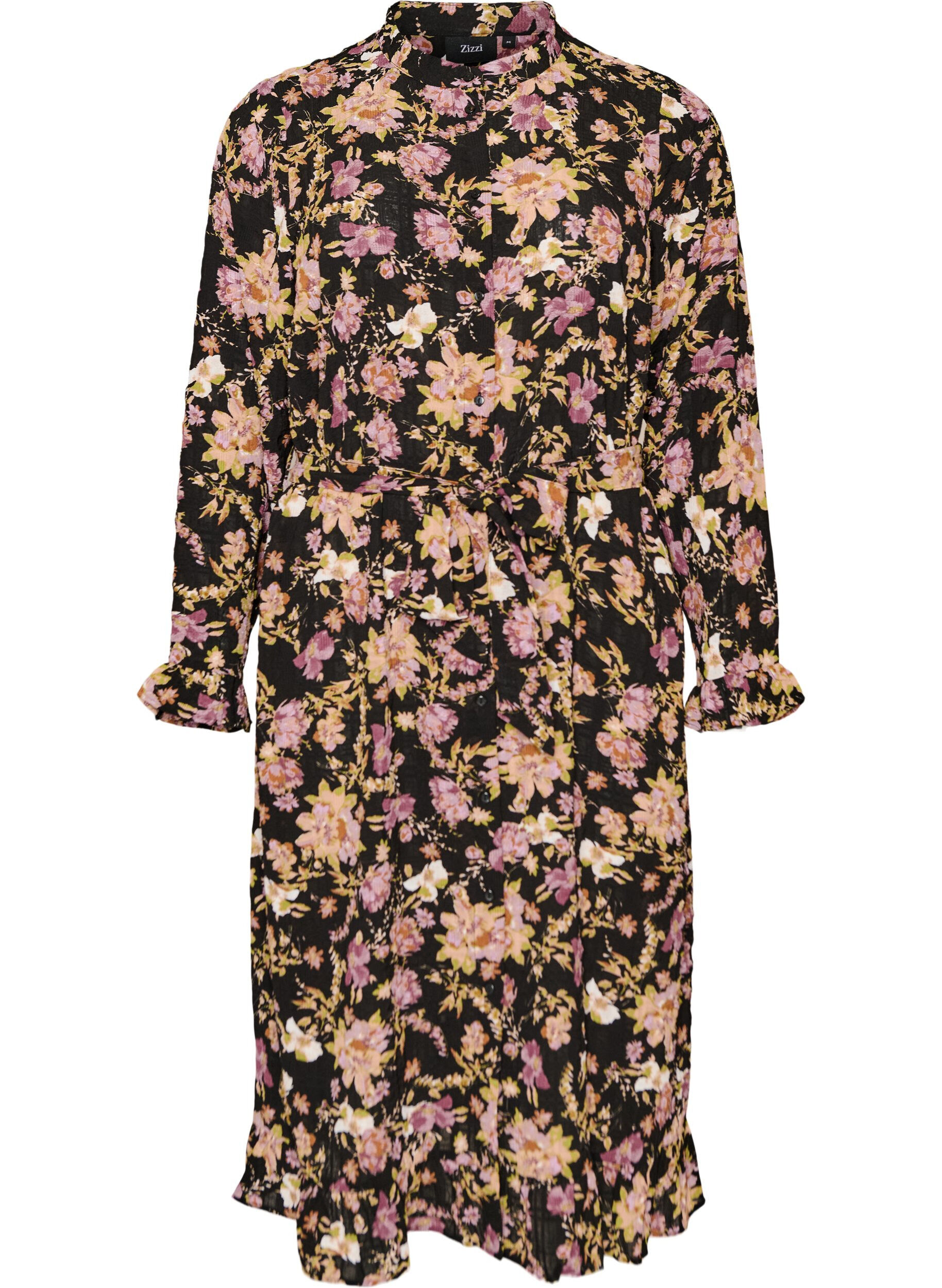 ZizziMidikjole med blomsterprint og aftageligt bindeb&aelig;lte, Sort, Packshot image number 0