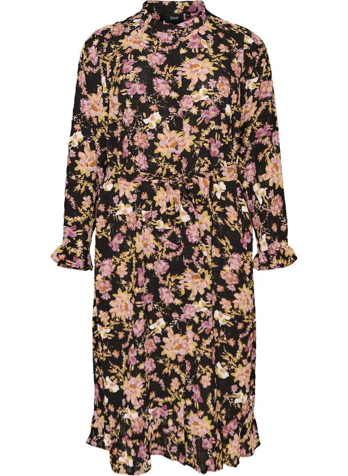 Midikjole med blomsterprint og aftageligt bindeb&aelig;lte, Sort, Packshot image number 0