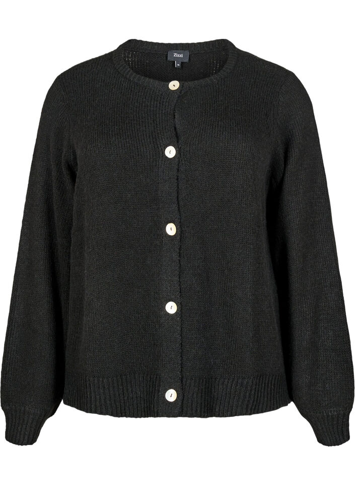 Strikcardigan med uld og knapper, Black Solid, Packshot image number 0