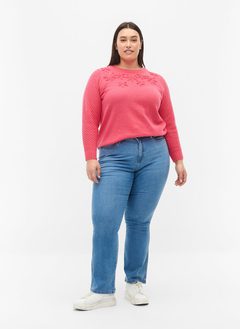 Strikbluse med blomsterdetalje, Hot Pink, Model image number 3