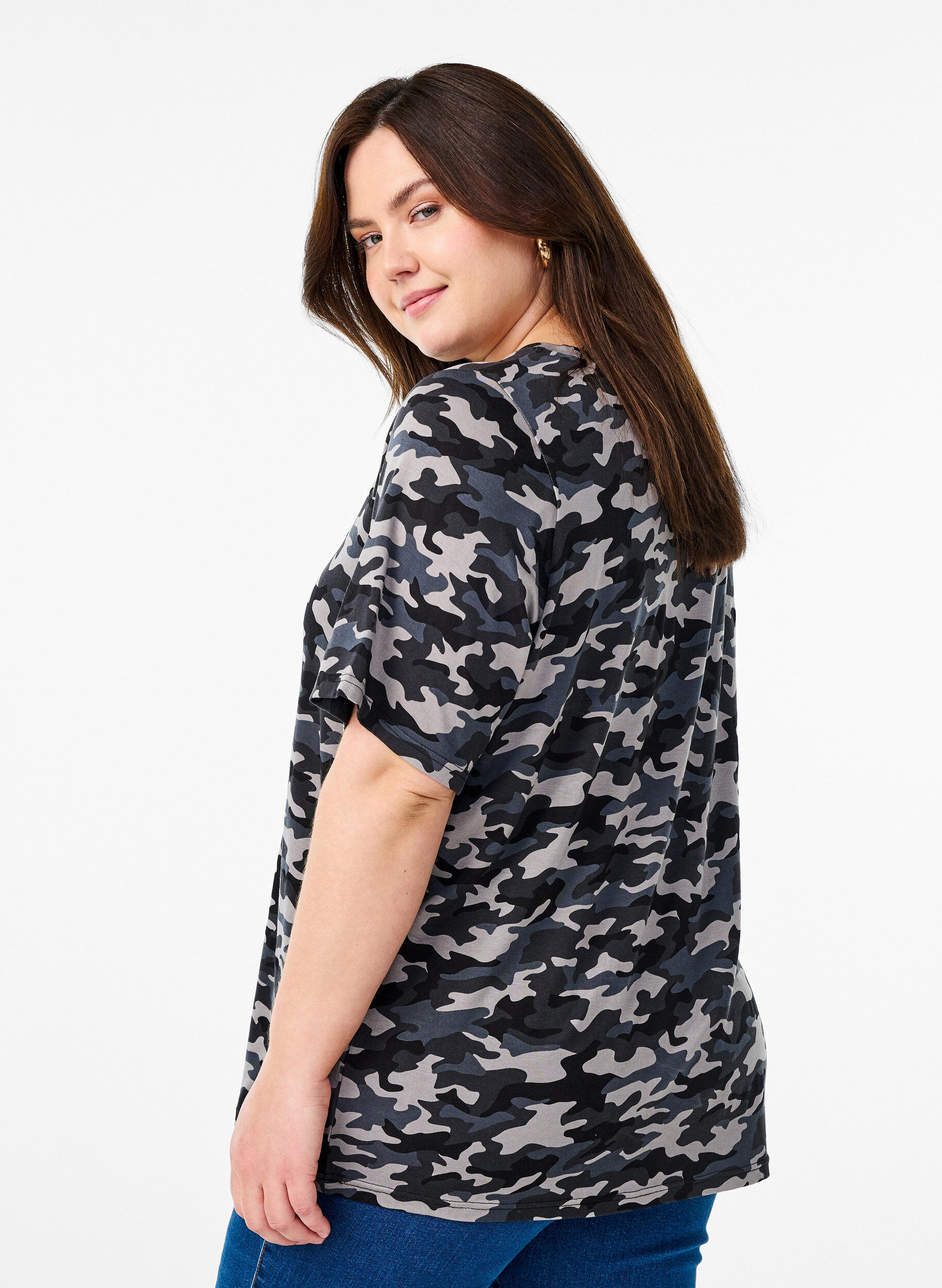 Zizzi T-shirt med TENCEL&trade; Lyocell og striber, Gr&aring;, Model image number 2