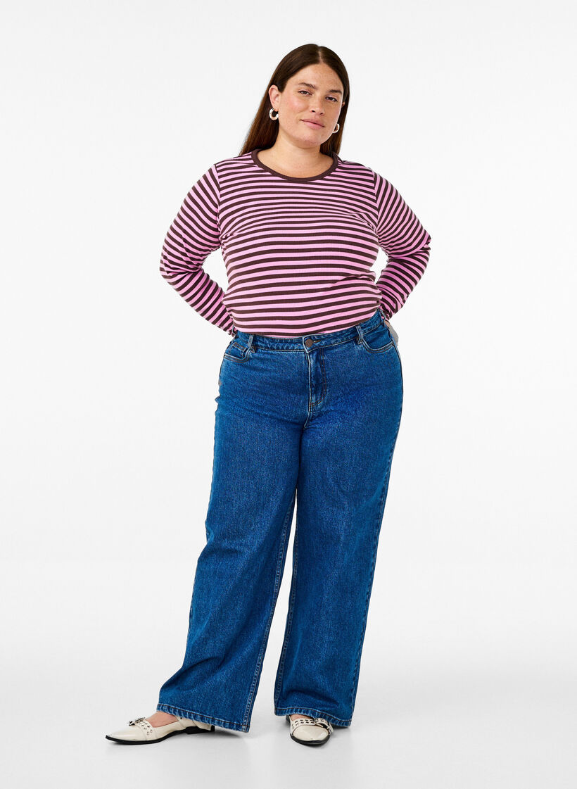 Stribet bluse med lange &aelig;rmer, Lyser&oslash;d, Model image number 1