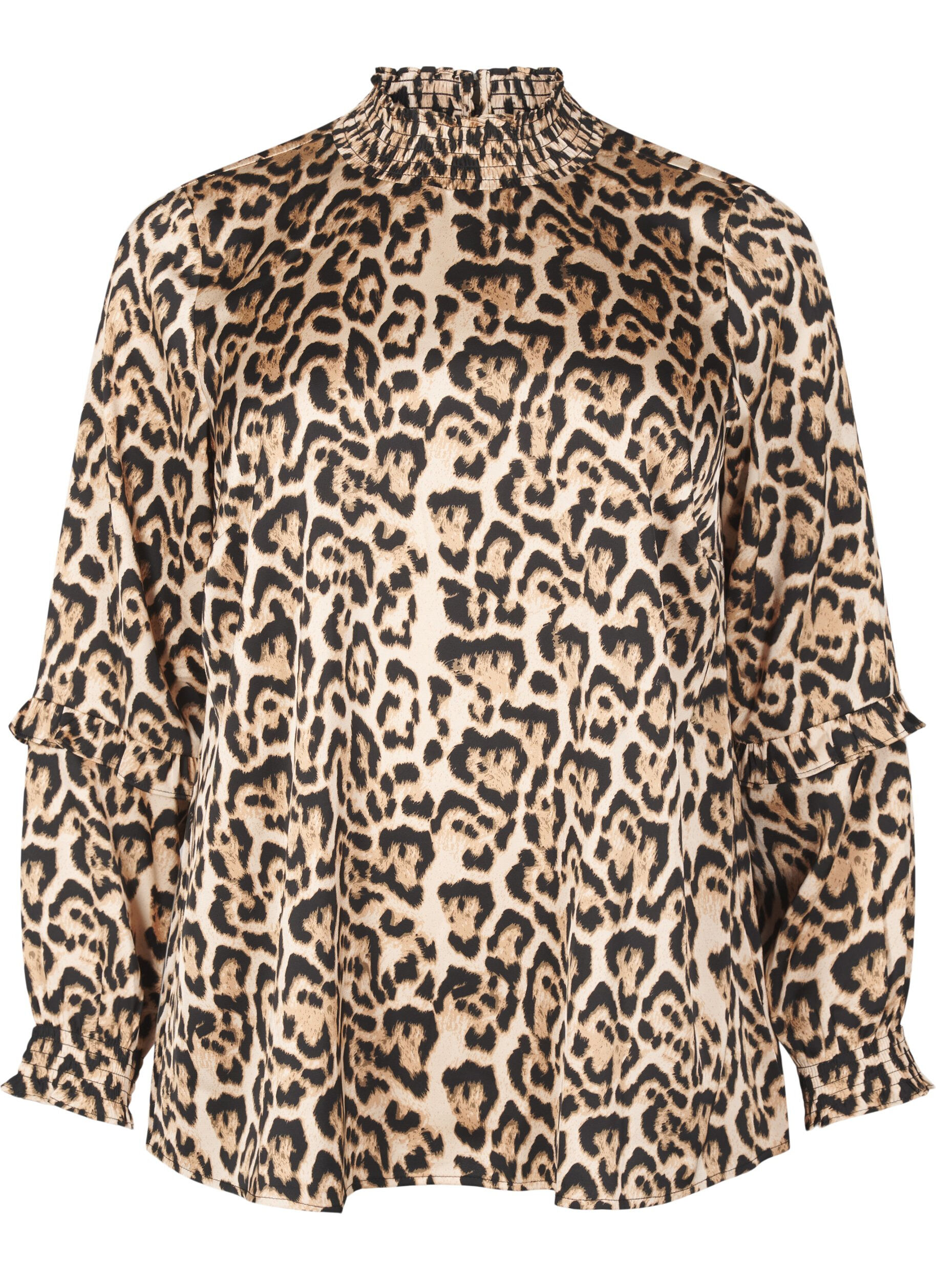 Bluse med smock og leopardprint