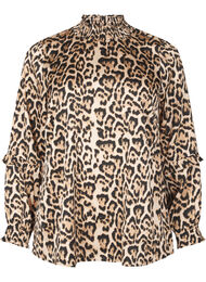 Bluse med smock og leopardprint, Brun