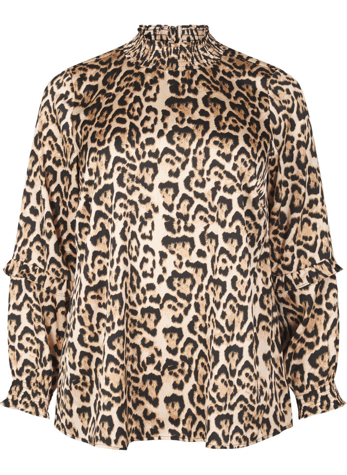 Bluse med smock og leopardprint, Brun, Packshot image number 0