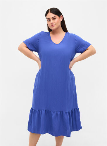 Kortærmet viskose kjole med v-udskæring, Dazzling Blue, Model image number 0