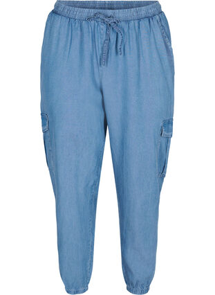 Cargo bukser i denim-look med lommer, Light blue denim, Packshot image number 0