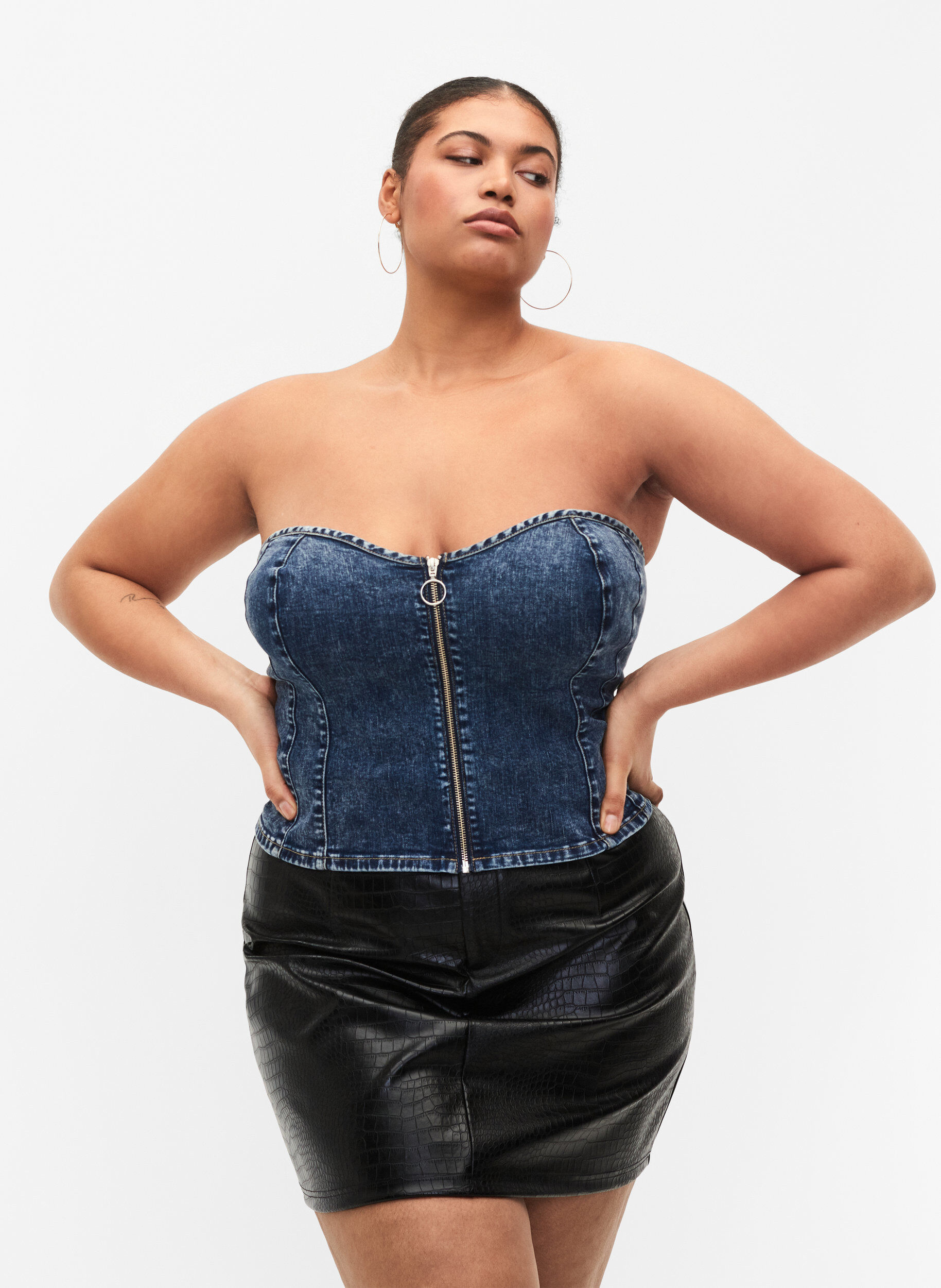 Zizzi Denim corsage med lynl&aring;s , Blue denim, Model image number 0