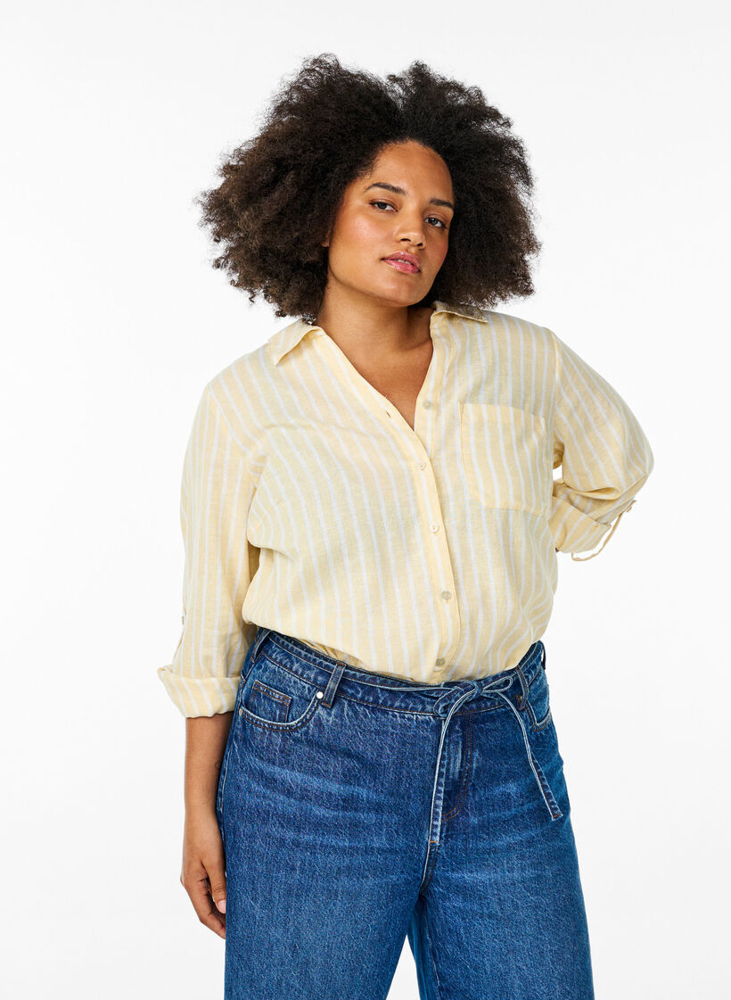 Skjorte i h&oslash;r og viskose med 3/4-&aelig;rmer, Beige, Model image number 0