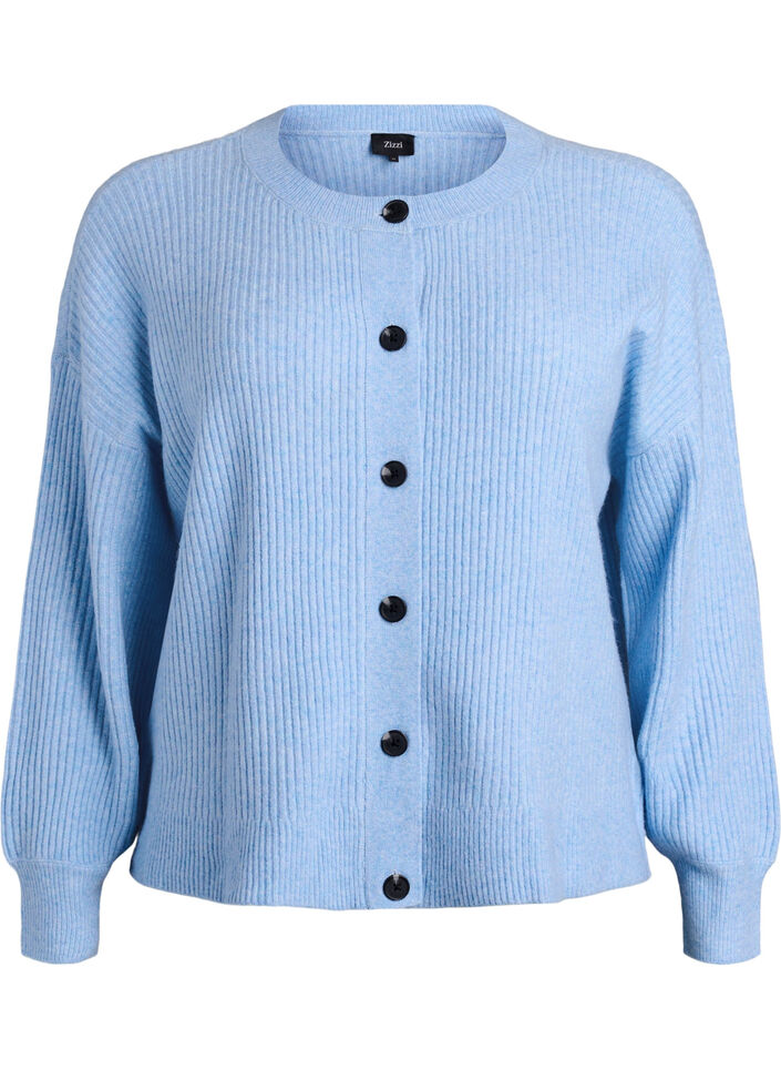 Ribstrikket cardigan med knapper, Bl&aring;, Packshot image number 0