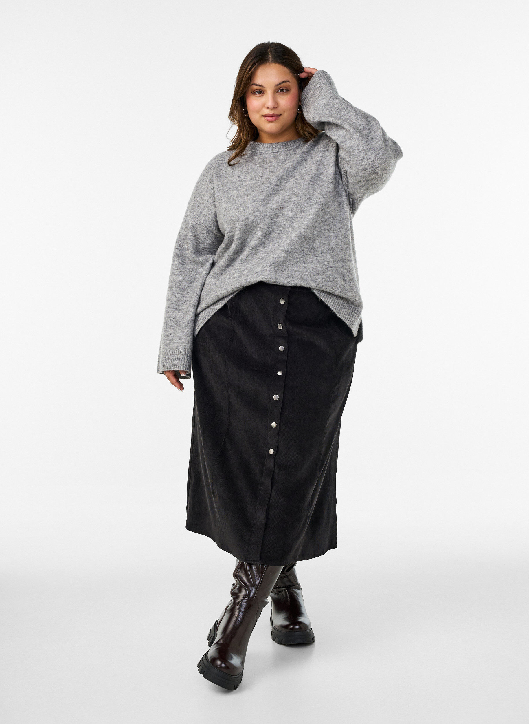 ZizziFl&oslash;jlsnederdel med A-form og knapper, Sort, Model image number 1
