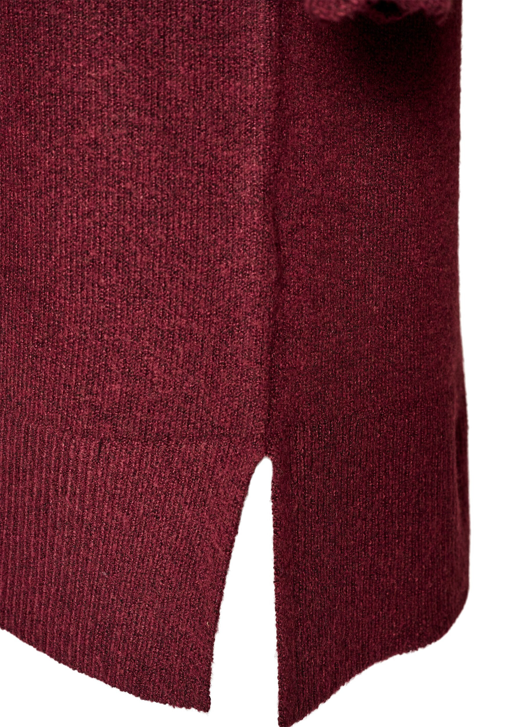 ZizziKort strikkjole med b&oslash;lgede kanter og slidser, R&oslash;d, Packshot image number 3