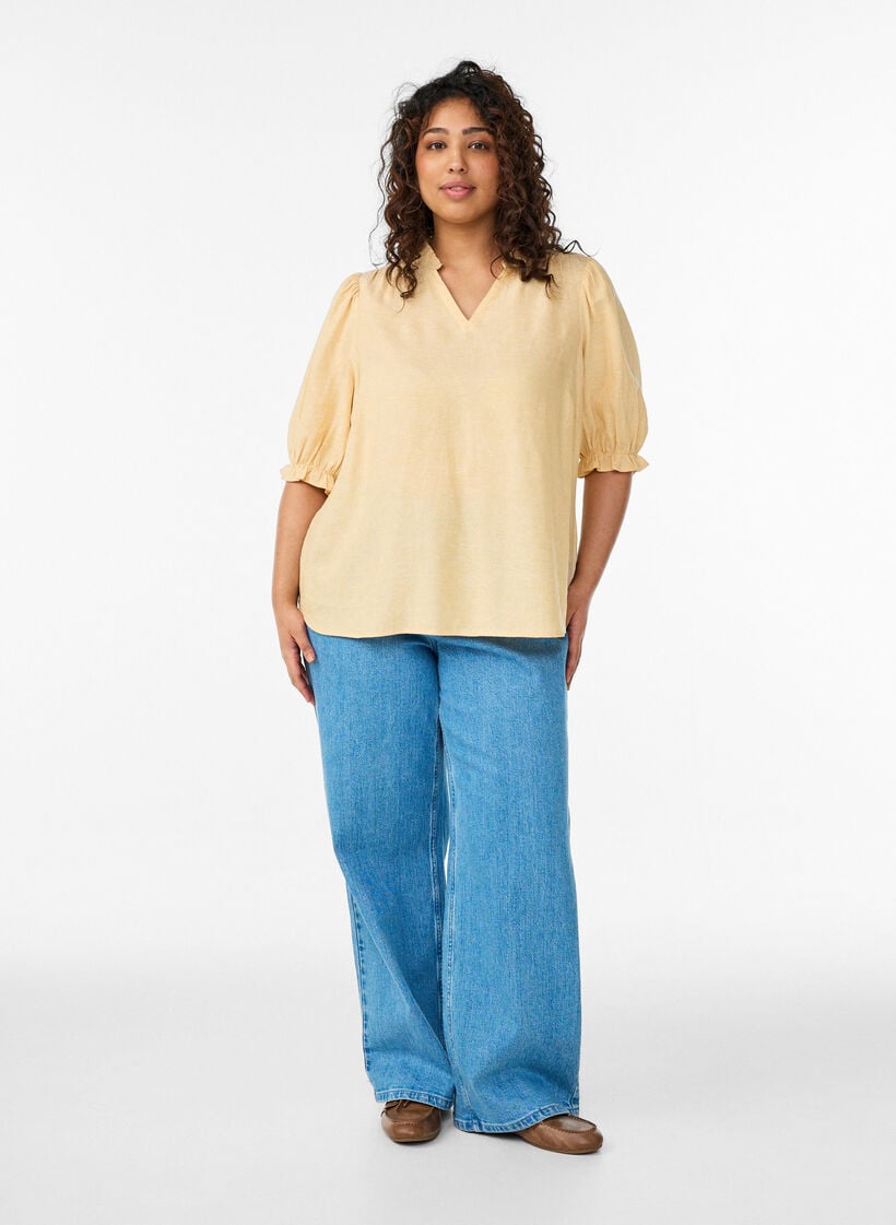 Bluse i h&oslash;r og viskose med 1/2 &aelig;rmer, Gul, Model image number 1