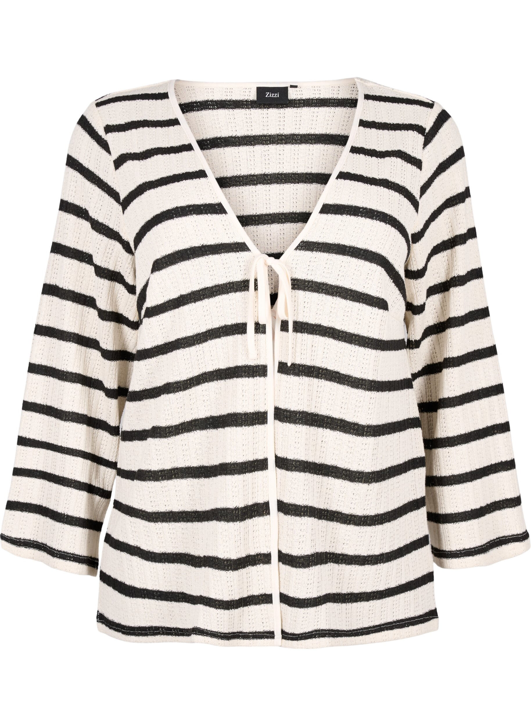 Zizzi Stribet cardigan med bindeb&aring;nd, Sand Black Stripe, Packshot image number 0