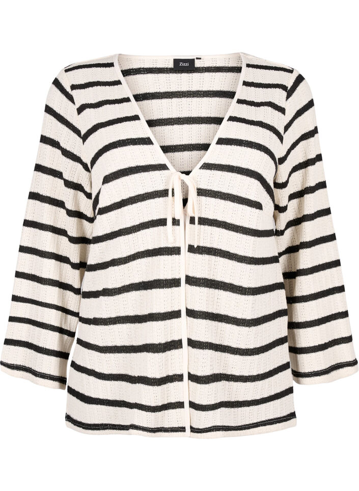 Stribet cardigan med bindebånd, Sand Black Stripe, Packshot image number 0