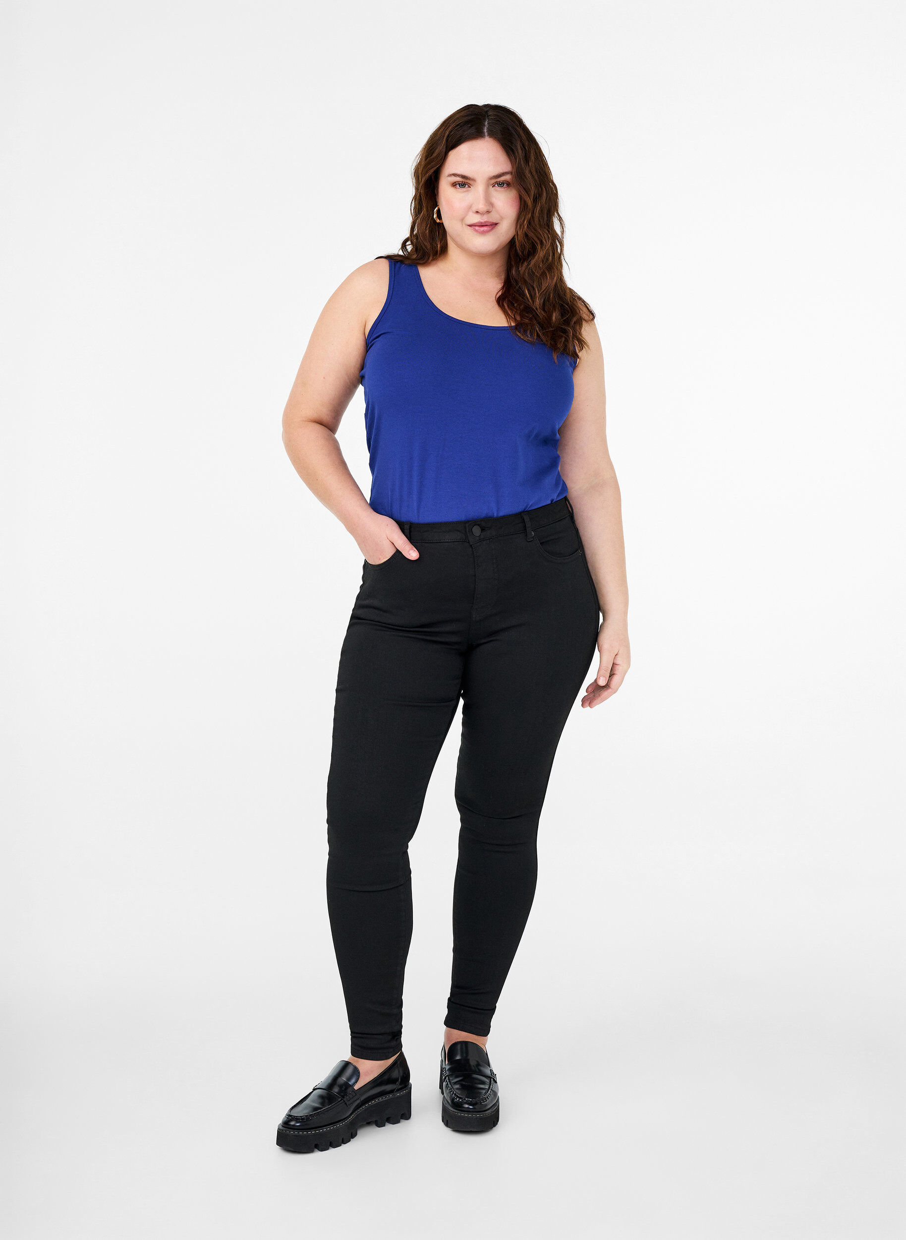 ZizziEnsfarvet basis top i bomuld, Bl&aring;, Model image number 1