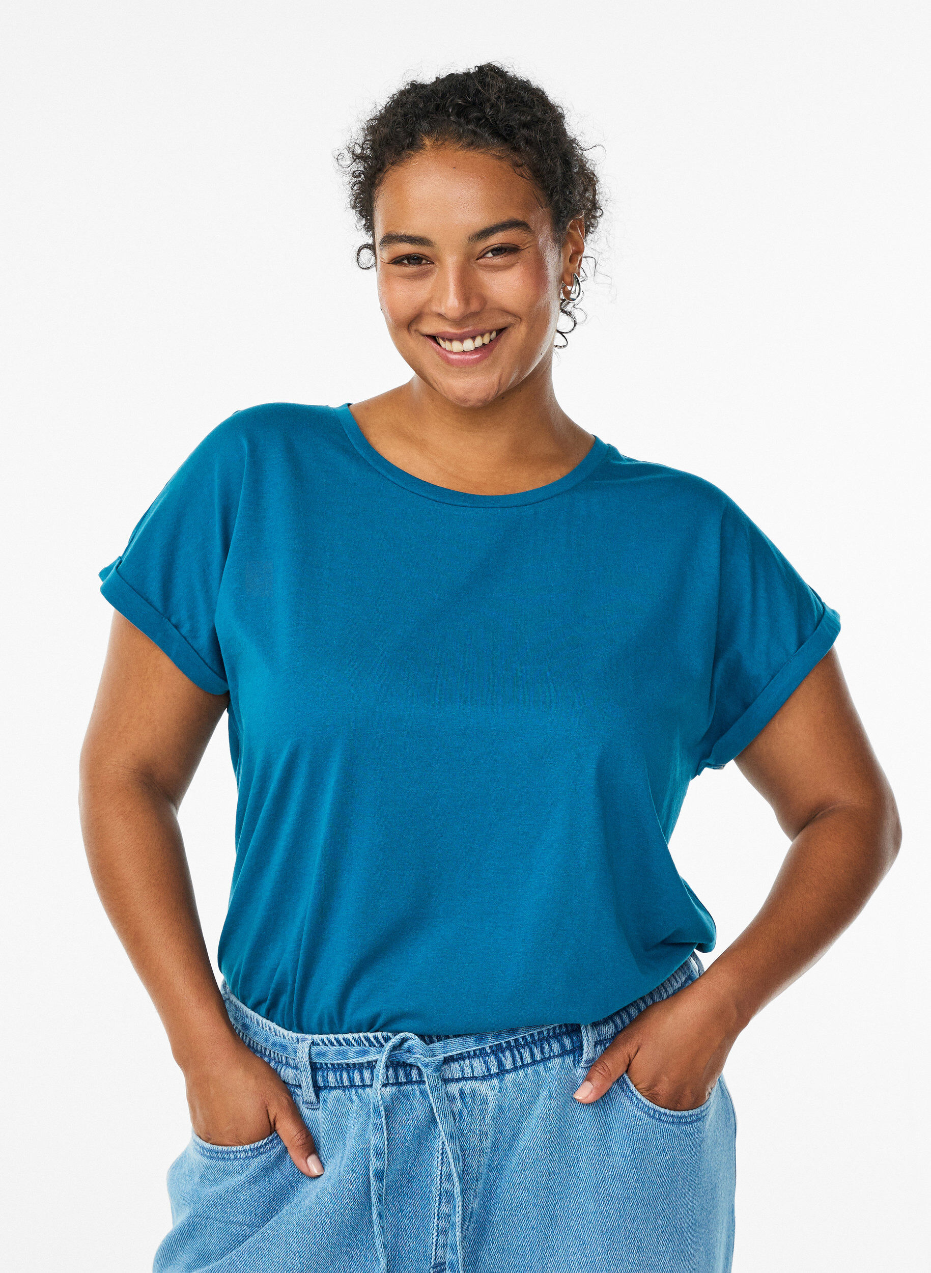 ZizziKort&aelig;rmet t-shirt i bomuldsblanding, Bl&aring;, Model image number 0