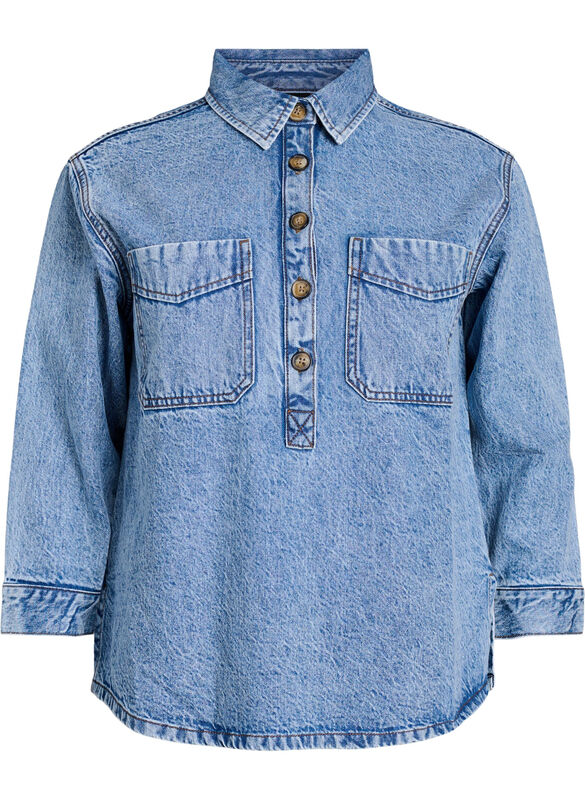 Denimskjorte Med Halv Stolpelukning Og Brystlommer