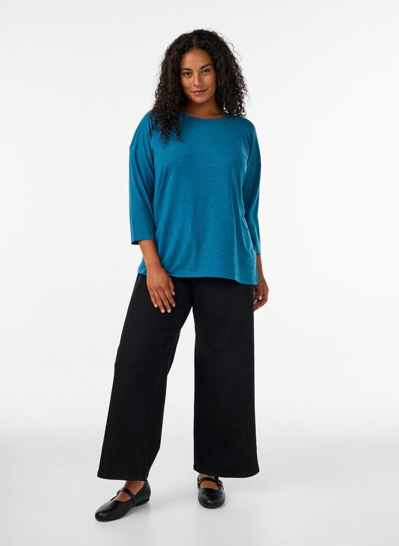 Jerseybluse med 3/4 &aelig;rmer, Bl&aring;, Model image number 1