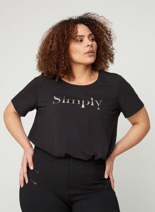 Kortærmet bomulds t-shirt med tryk, Black SIMPLY, Model image number 0