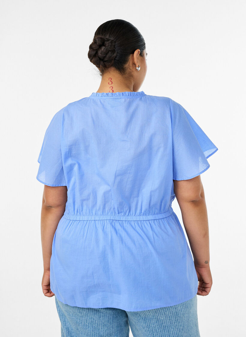 Bluse i bomuld med bindeb&aring;nd og elastisk talje, Bl&aring;, Model image number 2