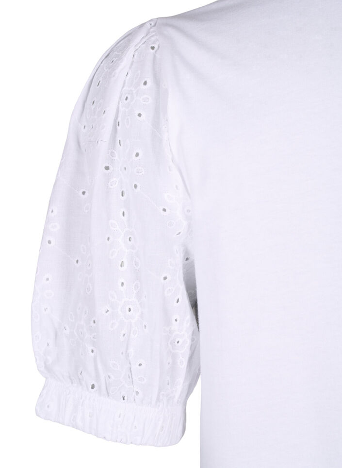 Økologisk bomuldsbluse med broderi anglaise ærmer, Bright White, Packshot image number 3