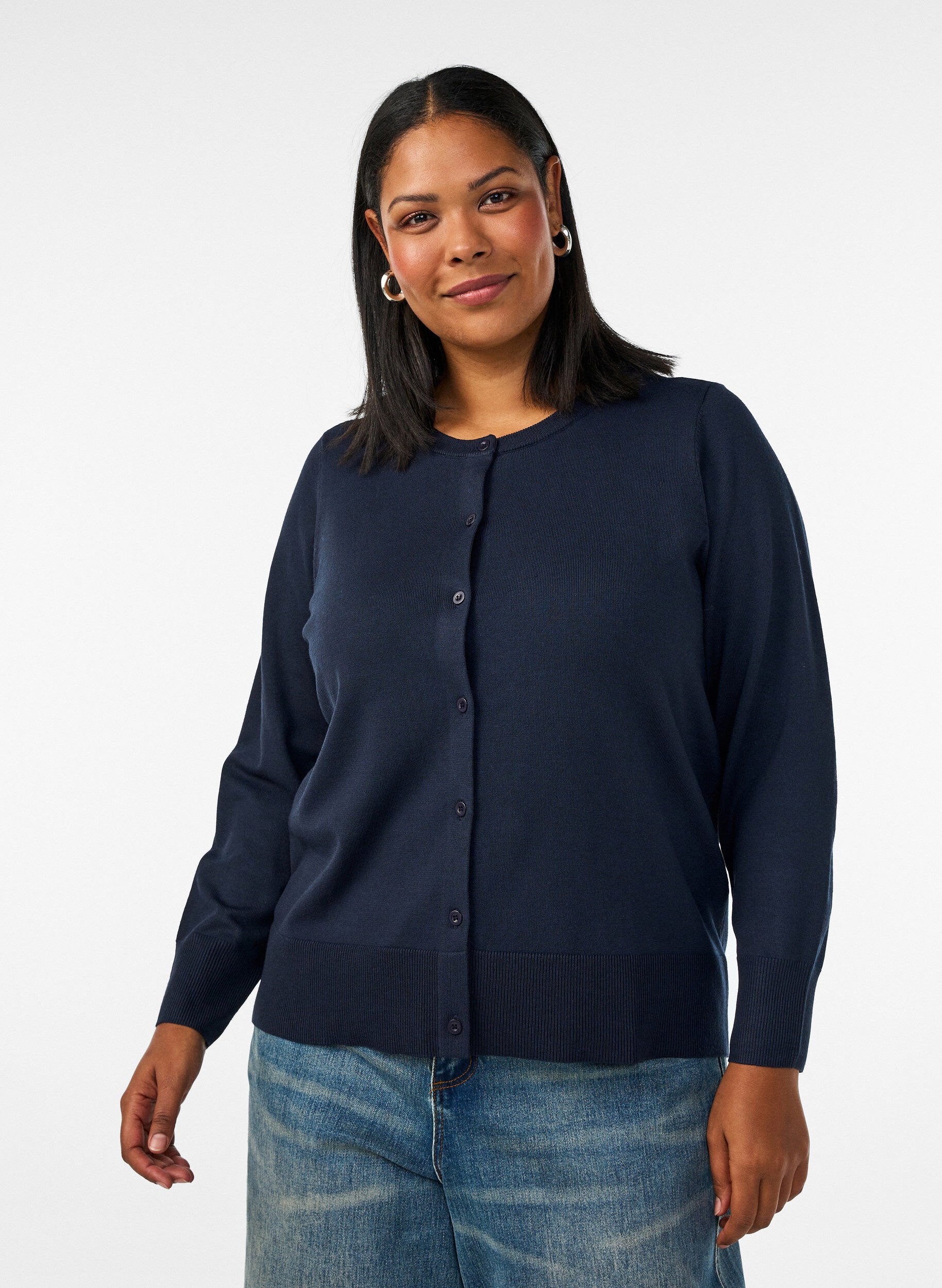ZizziFinstrikket cardigan med rund hals, Bl&aring;, Model image number 0