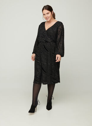 Mønstret kjole med glitter og v-hals, Black w Glitter, Model image number 2
