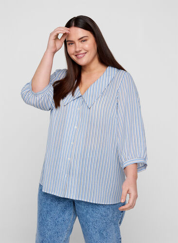 Stribet skjortebluse med stor krave, Light Blue Stripe, Model image number 0