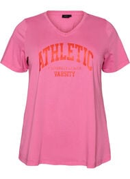 T-shirt i &oslash;kologisk bomuld med varsity-print og V-hals, Lyser&oslash;d