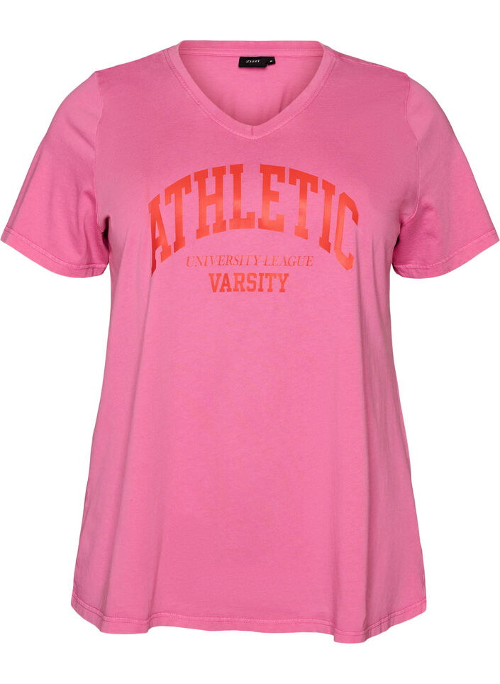 T-shirt i &oslash;kologisk bomuld med varsity-print og V-hals, Lyser&oslash;d, Packshot image number 0