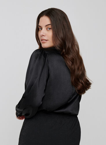 Shiny bluse med lange pufærmer, Black, Model image number 1