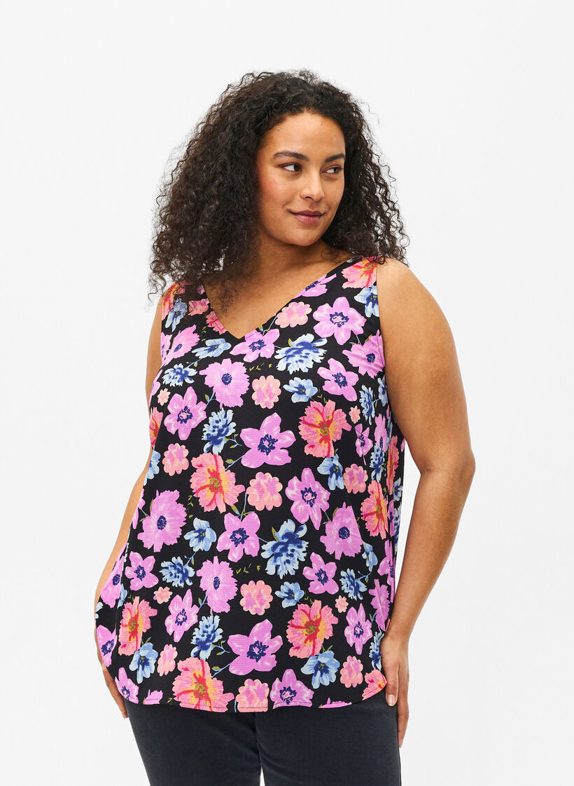 Blomstret top med v-hals, Black Big Flower AOP, Model image number 0