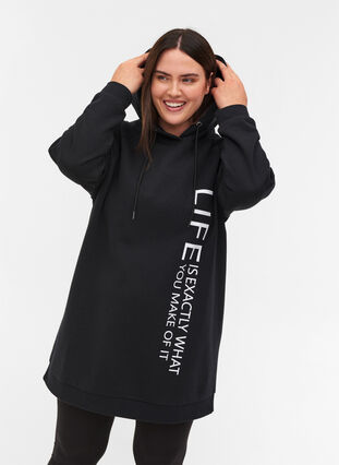 Lang sweatshirt med hætte og printdetaljer, Black, Model image number 0