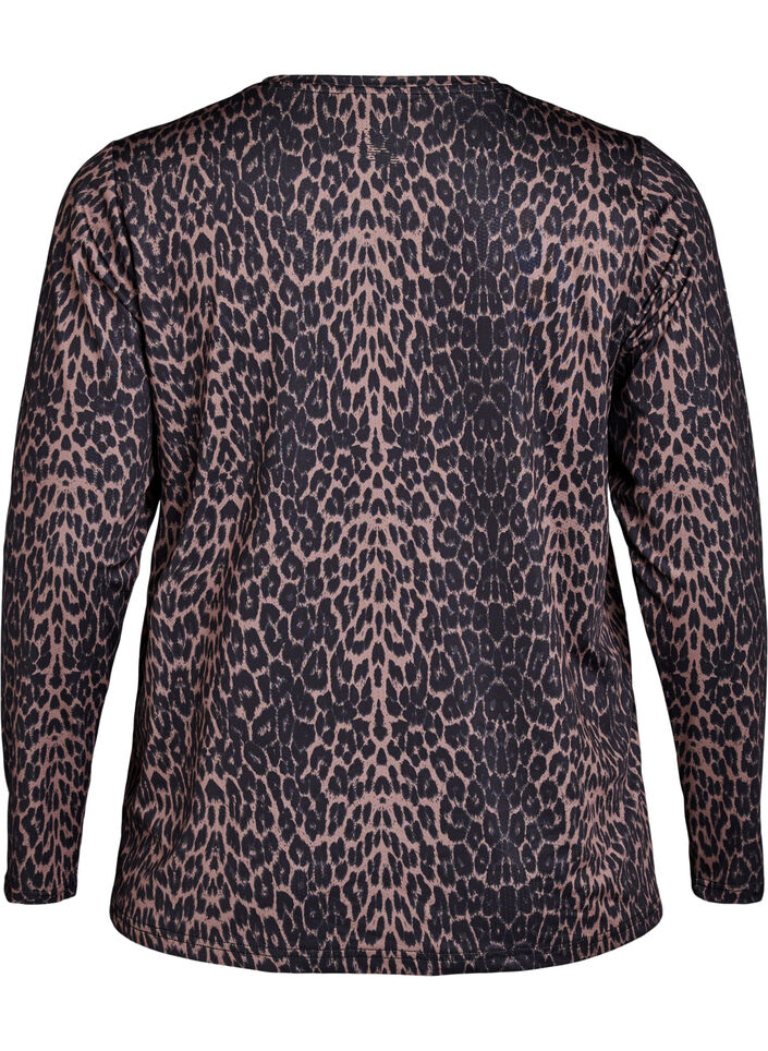 Langærmet træningsbluse med leopardprint, Brun, Packshot image number 1