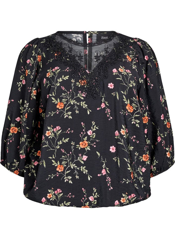 Bluse med 3/4 &aelig;rmer og blondedetalje, Sort, Packshot image number 0