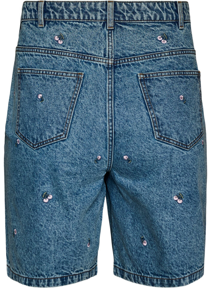 Denimshorts med h&oslash;j talje og broderede motiver, Bl&aring;, Packshot image number 1
