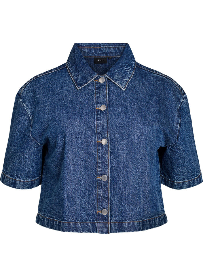 Kort denimjakke med knaplukning og korte &aelig;rmer, Bl&aring;, Packshot image number 0