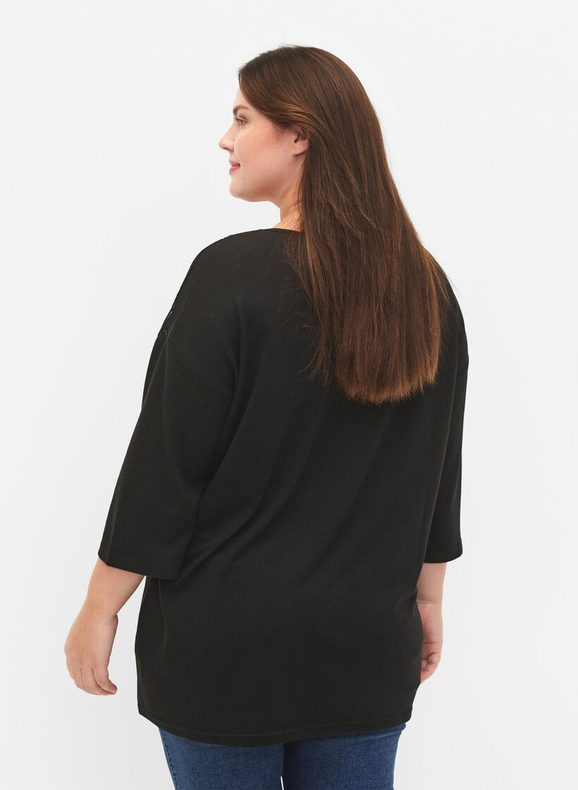 Bluse med 3/4 ærmer og blondedetalje, Black, Model image number 1