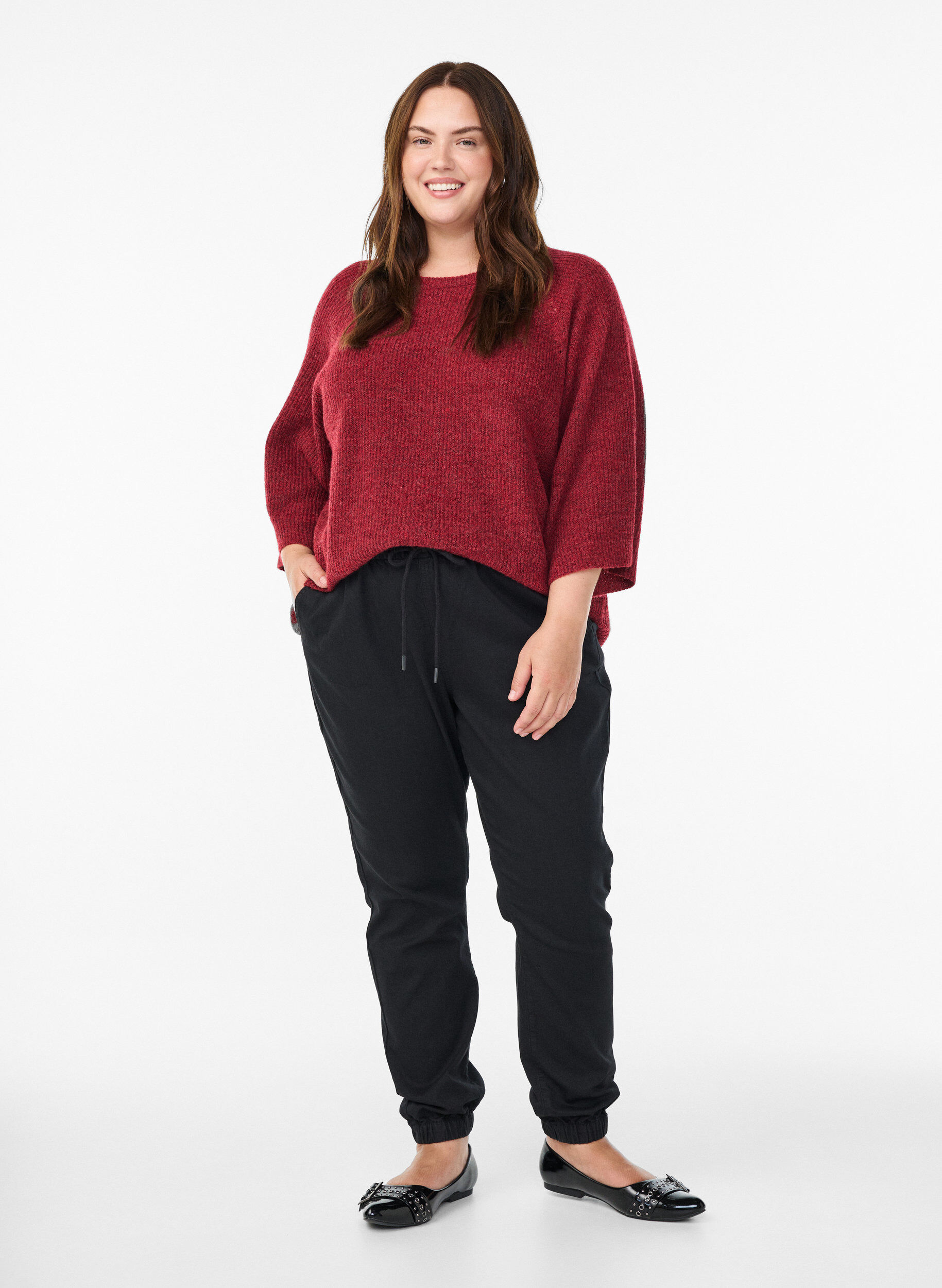 ZizziRibstrikket tr&oslash;je med 3/4 &aelig;rmer, R&oslash;d, Model image number 1