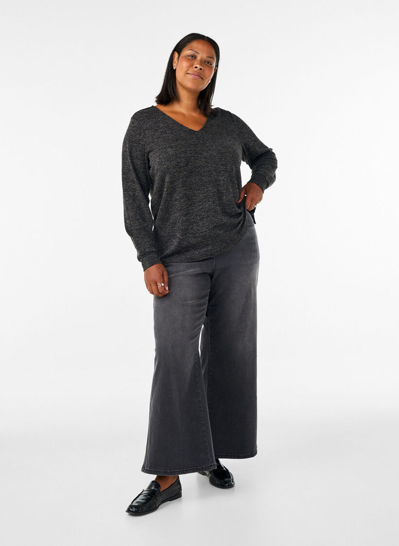 Jerseybluse med V-hals og lange &aelig;rmer, Sort, Model image number 1