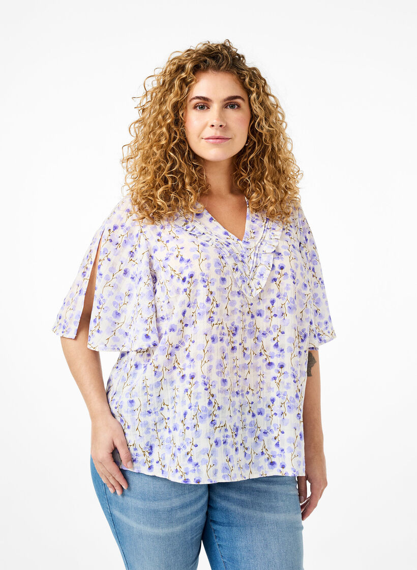 Kortærmet bluse med v-hals og blomsterprint, Hvid, Model image number 0