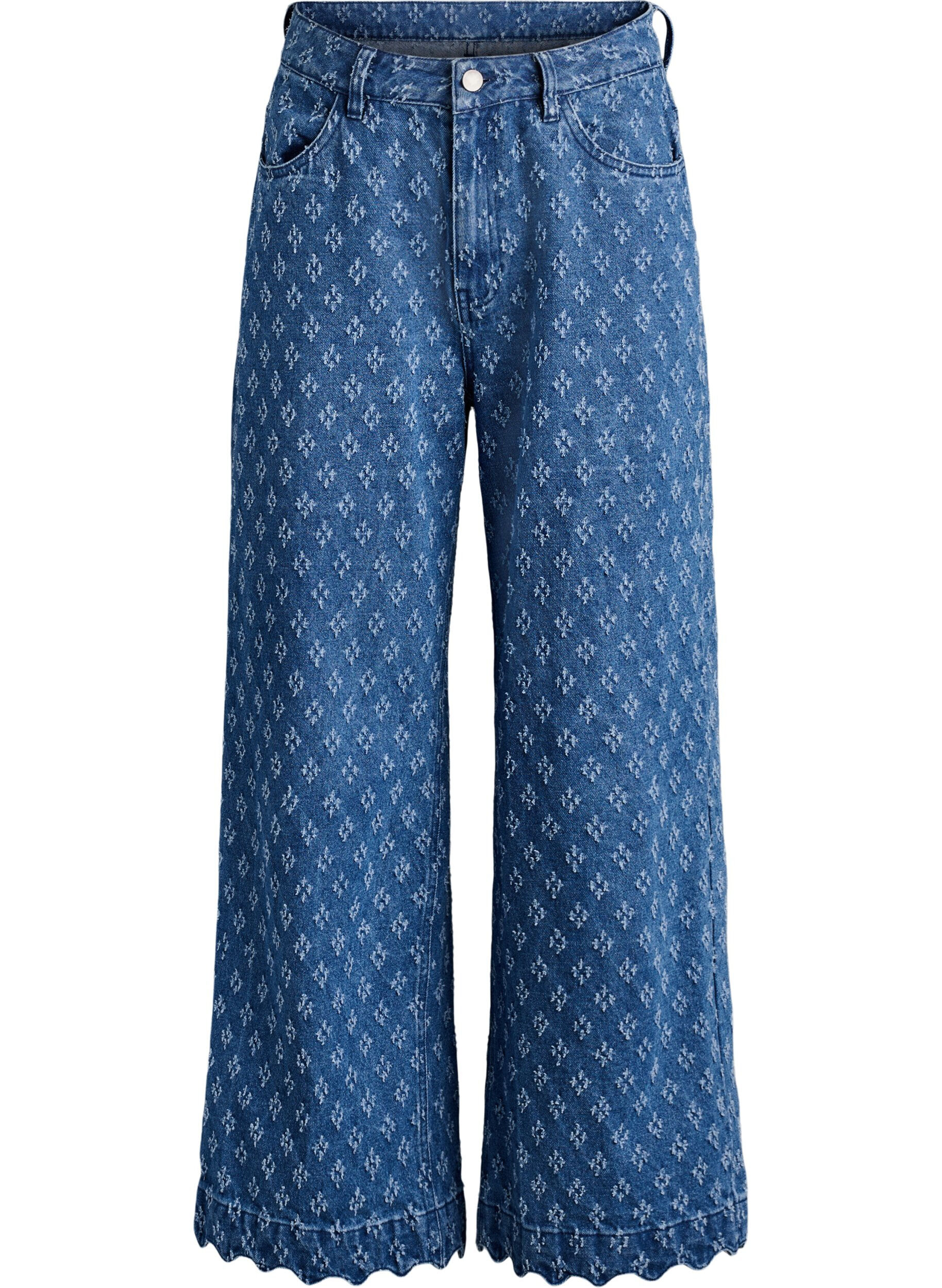 Myra jeans med wide fit og distressed m&oslash;nster