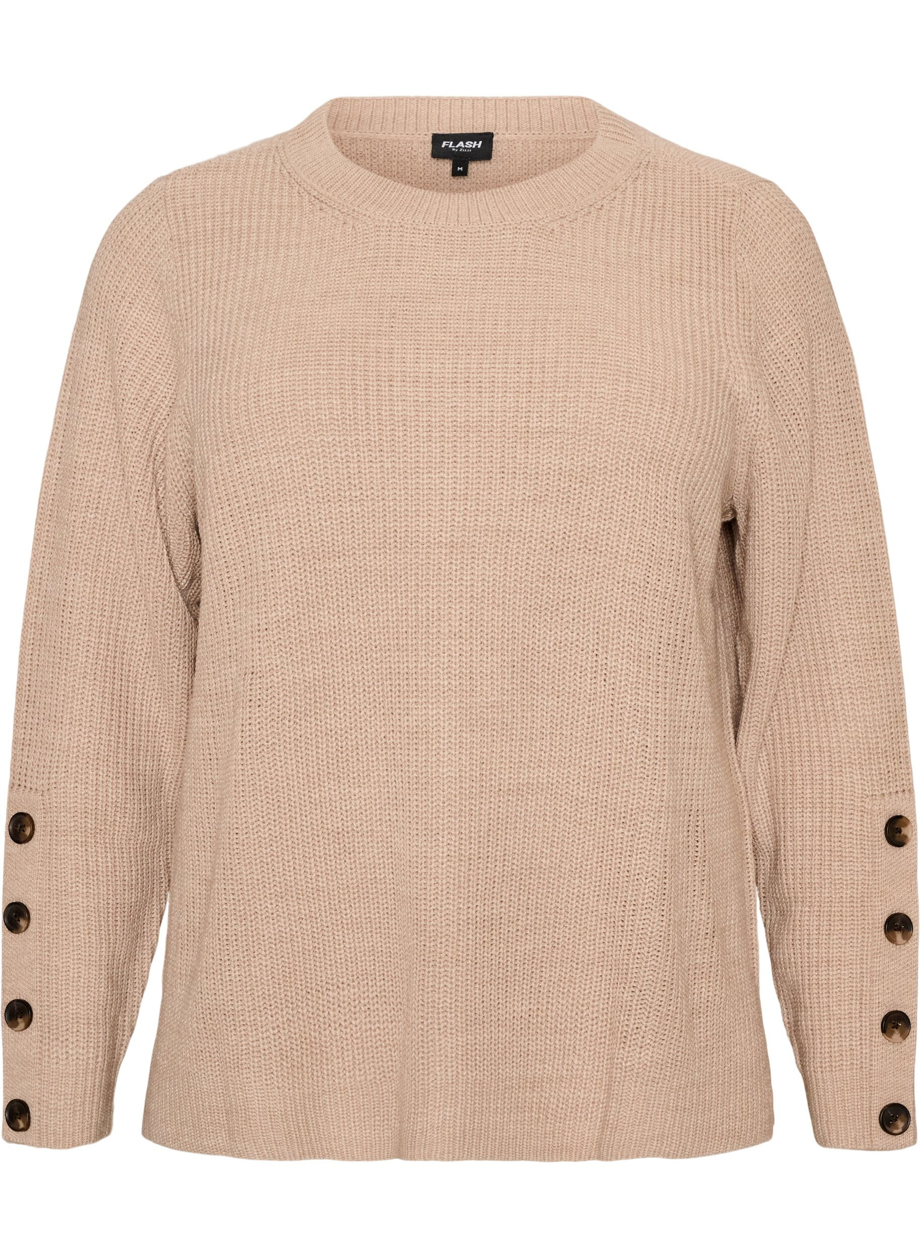 ZizziStrikbluse med ribstruktur og knapdetaljer, Beige, Packshot image number 0