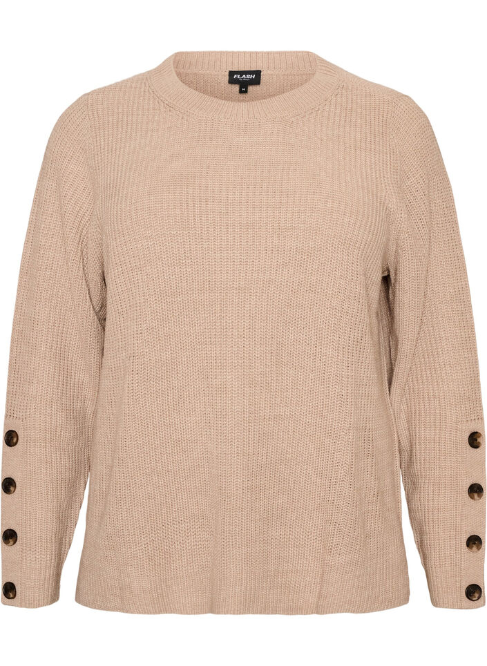 Strikbluse med ribstruktur og knapdetaljer, Beige, Packshot image number 0