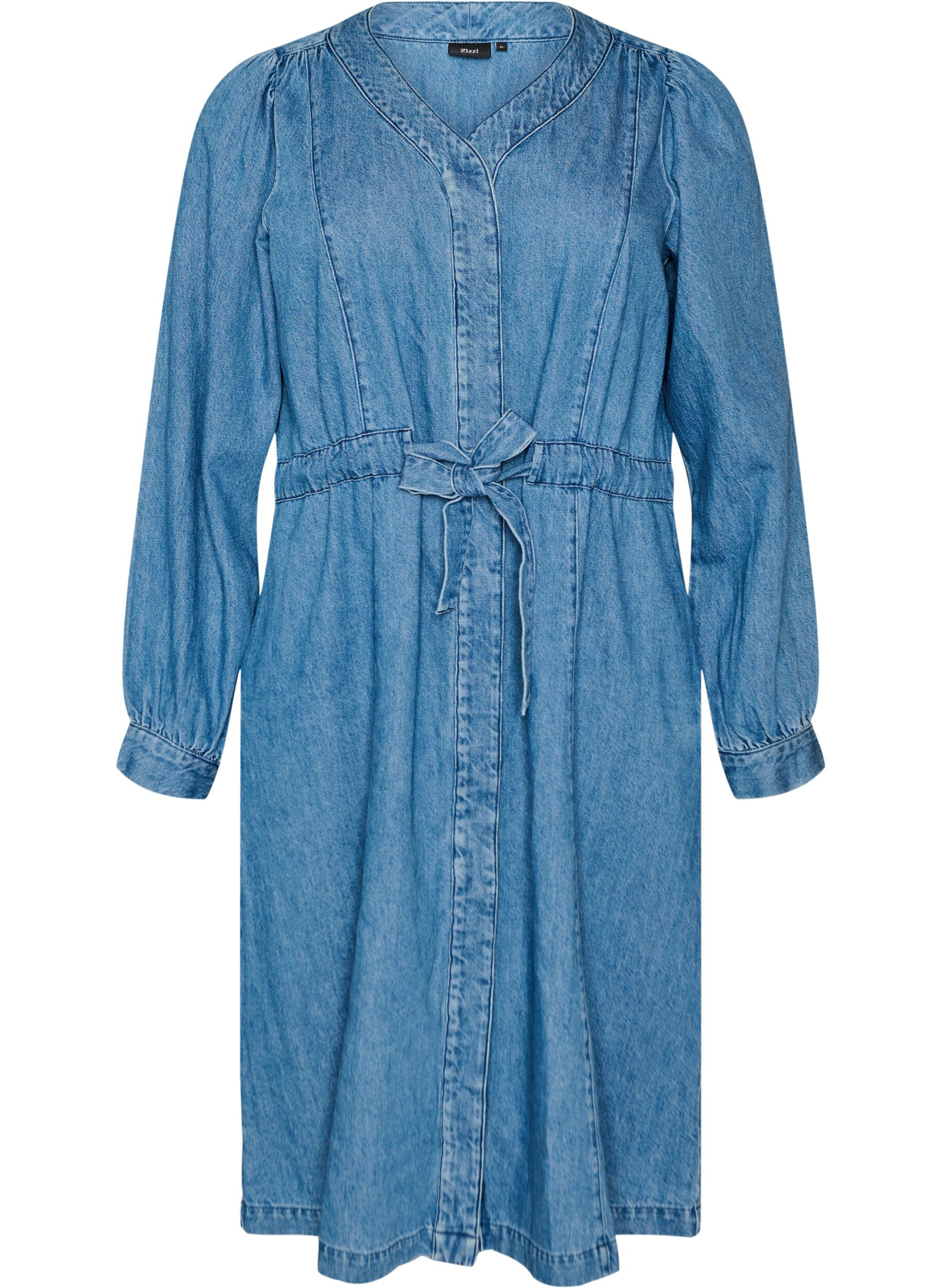 ZizziDenimkjole med V-udsk&aelig;ring og bindeb&aring;nd, Bl&aring;, Packshot image number 0
