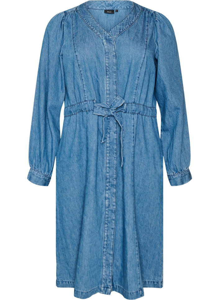 Denimkjole med V-udsk&aelig;ring og bindeb&aring;nd, Bl&aring;, Packshot image number 0