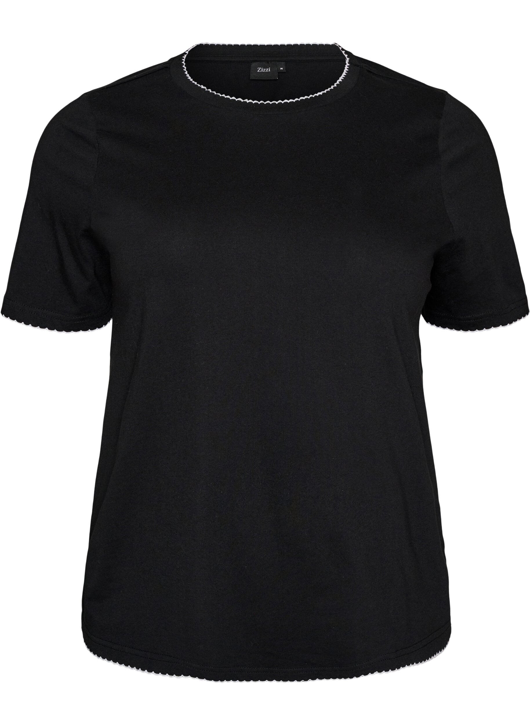 ZizziT-shirt i bomuld med b&oslash;lgede kontrastkanter, Sort, Packshot image number 0